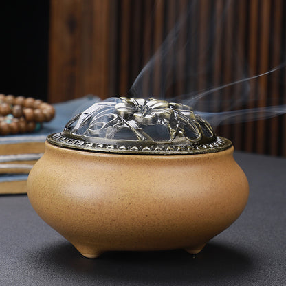 Antique Ceramic Buddha Incense Burner with Copper Lid Home Office Tea House Decoration