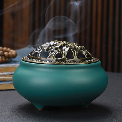 Antique Ceramic Buddha Incense Burner with Copper Lid Home Office Tea House Decoration