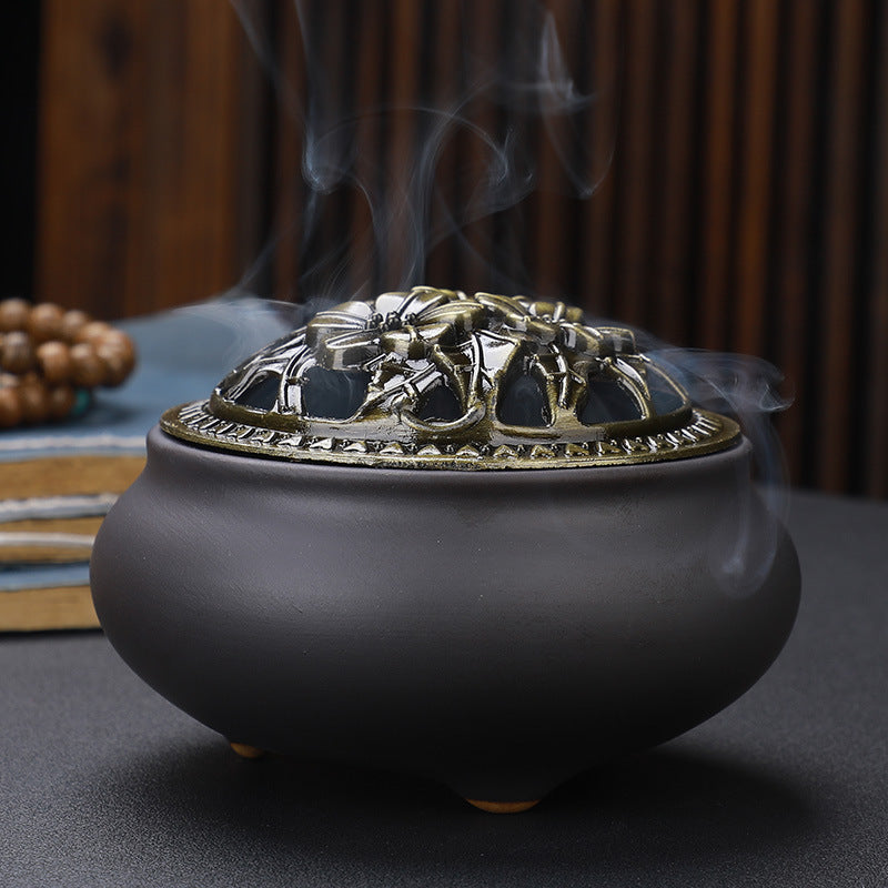 Antique Ceramic Buddha Incense Burner with Copper Lid Home Office Tea House Decoration