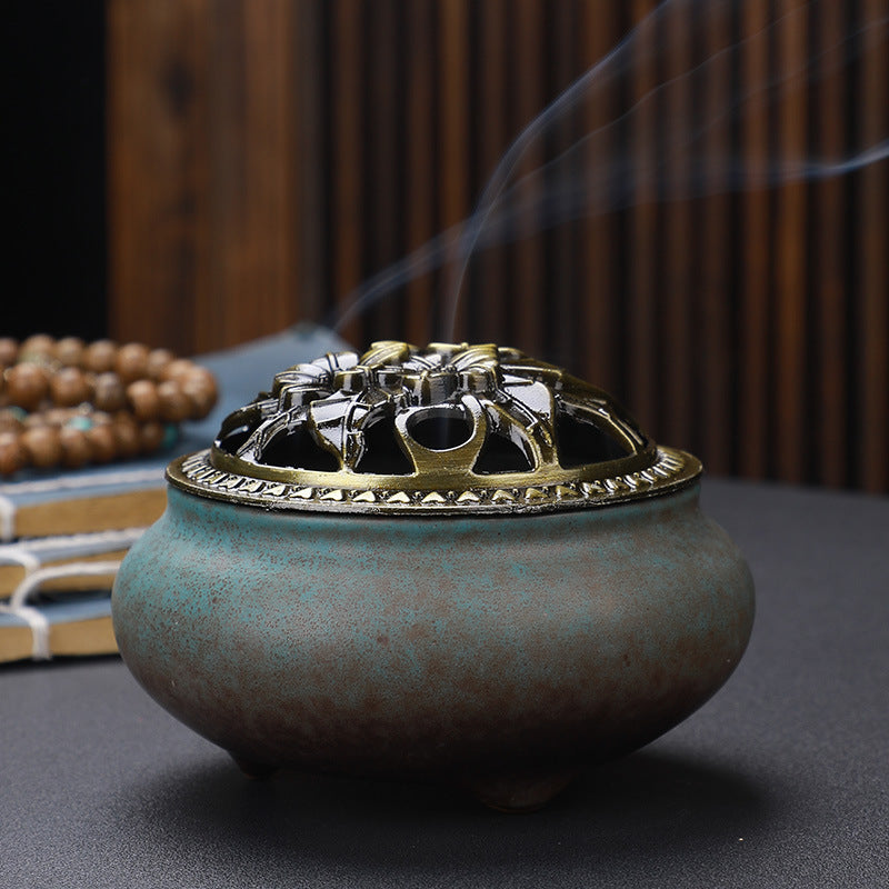 Antique Ceramic Buddha Incense Burner with Copper Lid Home Office Tea House Decoration