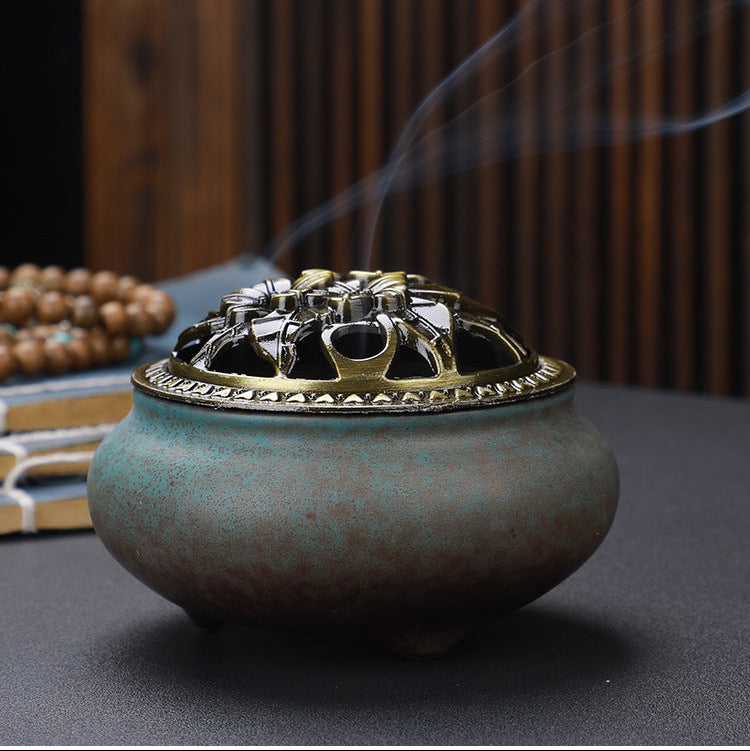 Antique Ceramic Buddha Incense Burner with Copper Lid Home Office Tea House Decoration