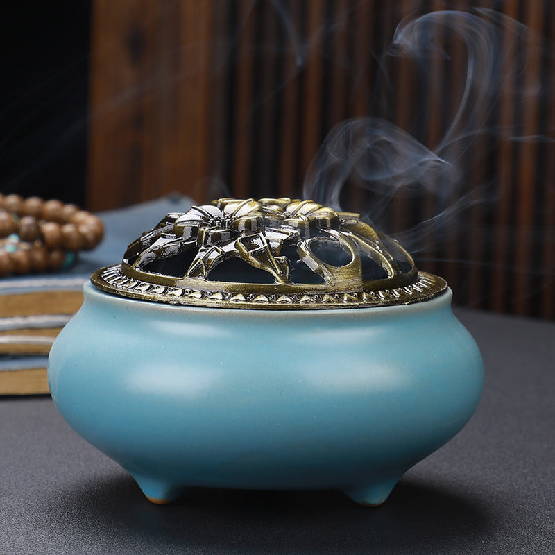 Antique Ceramic Buddha Incense Burner with Copper Lid Home Office Tea House Decoration