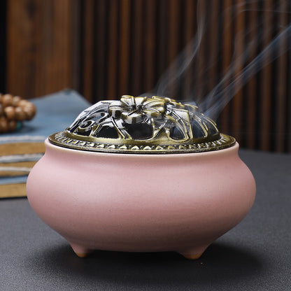 Antique Ceramic Buddha Incense Burner with Copper Lid Home Office Tea House Decoration