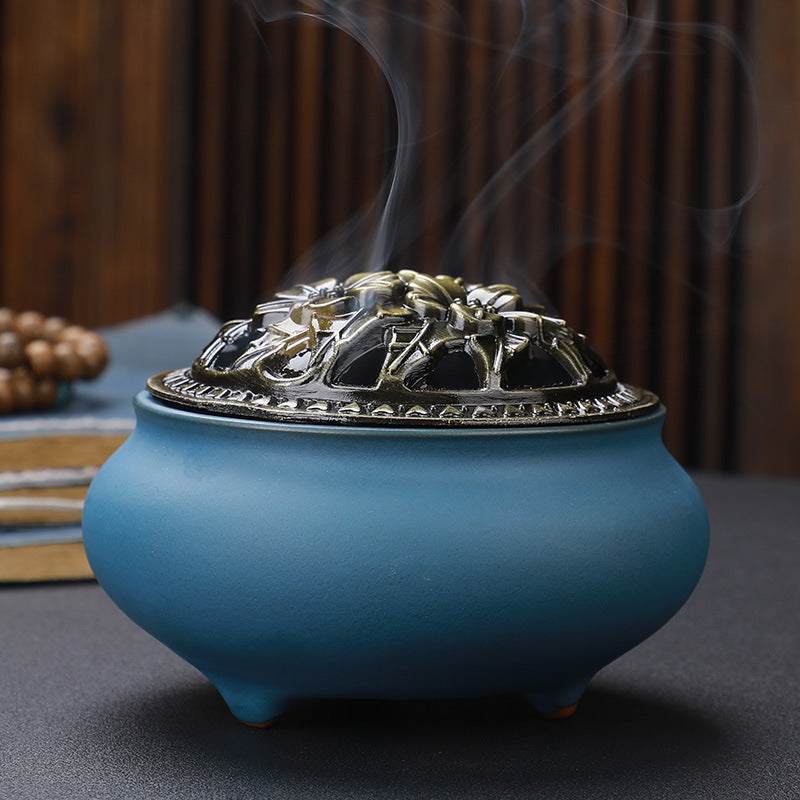 Antique Ceramic Buddha Incense Burner with Copper Lid Home Office Tea House Decoration