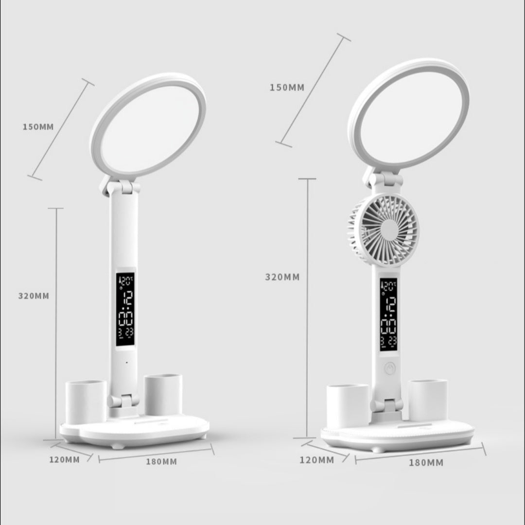 3-in-1 Dimmable Clock Lamp with USB Charging and Foldable Fan