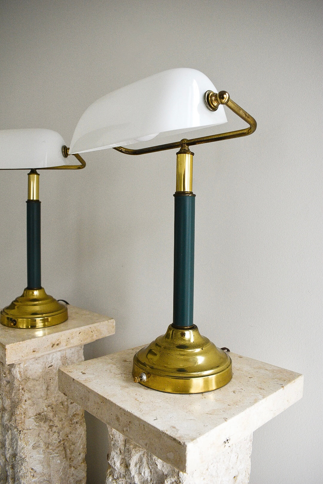 Pair of Vintage Brass & White Glass Bankers Lamps