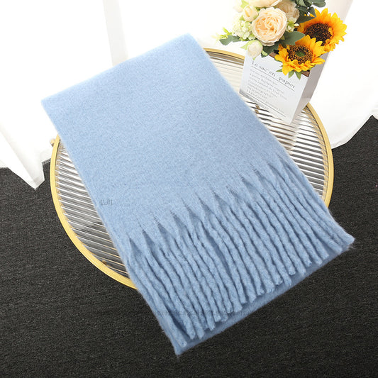 Macaron Solid Blue Color Scarf Thick Braid Tassel Shawl