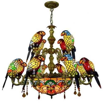 European Creative Chandelier Retro Art Stained Glass Parrot Bar Restaurant Living Room Bird Lamp Glass Tiffany Chandelier