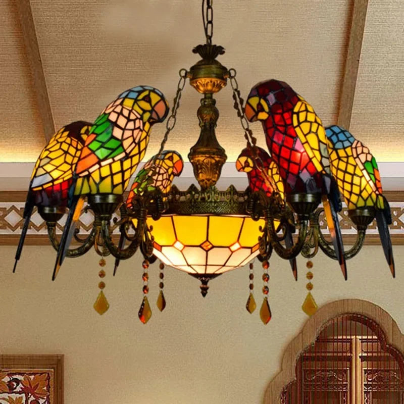 European Creative Chandelier Retro Art Stained Glass Parrot Bar Restaurant Living Room Bird Lamp Glass Tiffany Chandelier