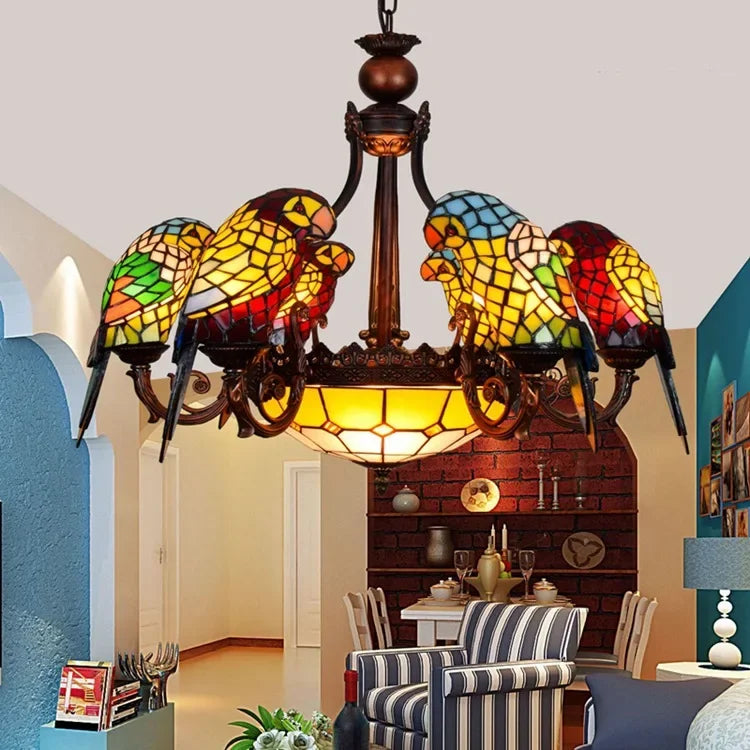 European Creative Chandelier Retro Art Stained Glass Parrot Bar Restaurant Living Room Bird Lamp Glass Tiffany Chandelier