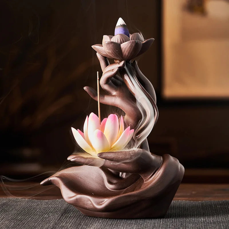 Creative Ceramic Purple Sand Incense Burner Zen Buddhist Hand Backflow Censer Lotus Dragon Shape Incense Stove Home Decorations