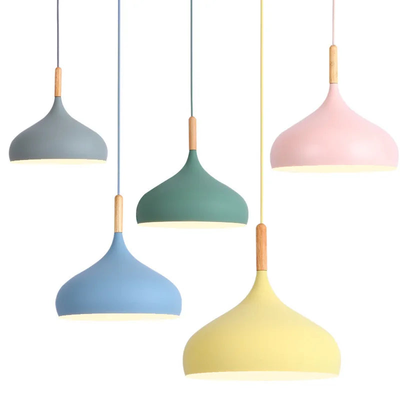 Nordic Colored Chandelier Wooden Pendant Light Bedroom Living Room LED Lamp Single Head Aluminum Children Room Lighting Fixture