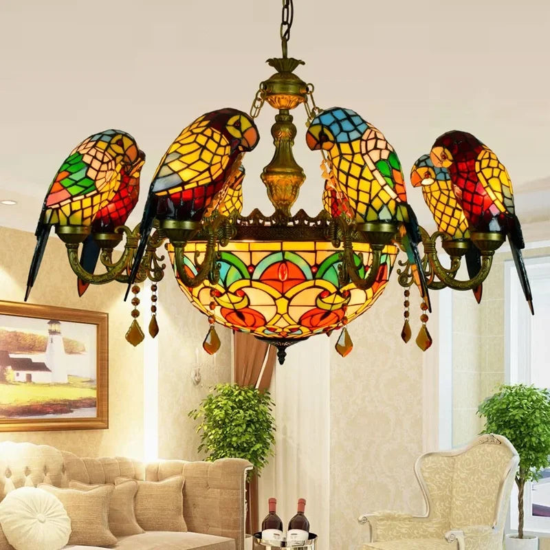 European Creative Chandelier Retro Art Stained Glass Parrot Bar Restaurant Living Room Bird Lamp Glass Tiffany Chandelier