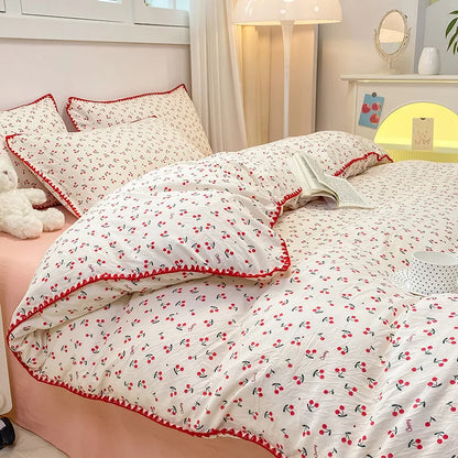 Bedding Set INS Girls Cherry  Soft Washed Cotton Bed Sheet Queen King Size Duvet Set  Comforter Set Pillowcase Bed Linens (Copy)