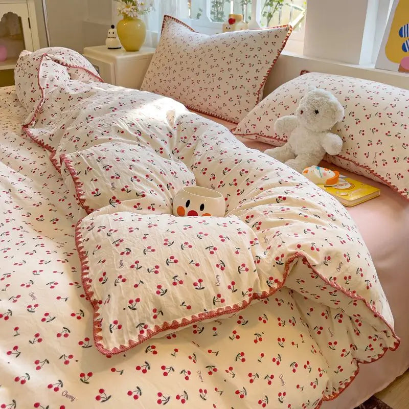 Bedding Set INS Girls Cherry  Soft Washed Cotton Bed Sheet Queen King Size Duvet Set  Comforter Set Pillowcase Bed Linens (Copy)