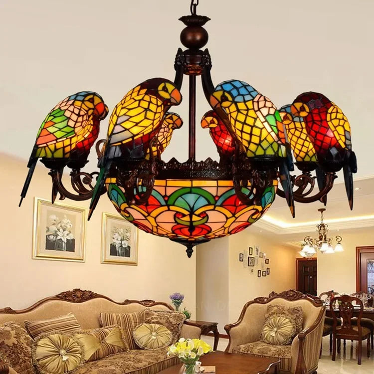 European Creative Chandelier Retro Art Stained Glass Parrot Bar Restaurant Living Room Bird Lamp Glass Tiffany Chandelier