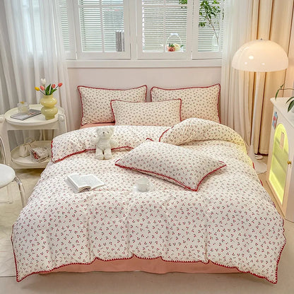 Bedding Set INS Girls Cherry  Soft Washed Cotton Bed Sheet Queen King Size Duvet Set  Comforter Set Pillowcase Bed Linens (Copy)