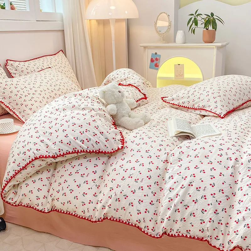 Bedding Set INS Girls Cherry  Soft Washed Cotton Bed Sheet Queen King Size Duvet Set  Comforter Set Pillowcase Bed Linens (Copy)