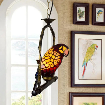 European Creative Chandelier Retro Art Stained Glass Parrot Bar Restaurant Living Room Bird Lamp Glass Tiffany Chandelier