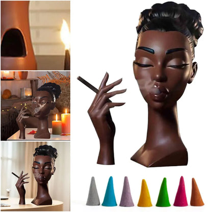 Headscents-Head Incense Burner Black Women Face Resin Incense Censer Incense Stick Holder for Living Room Bedroom Office