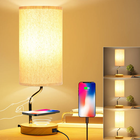 Wireless Charging Touch Dimmable Wooden Base Lamp