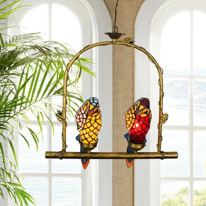 European Creative Chandelier Retro Art Stained Glass Parrot Bar Restaurant Living Room Bird Lamp Glass Tiffany Chandelier