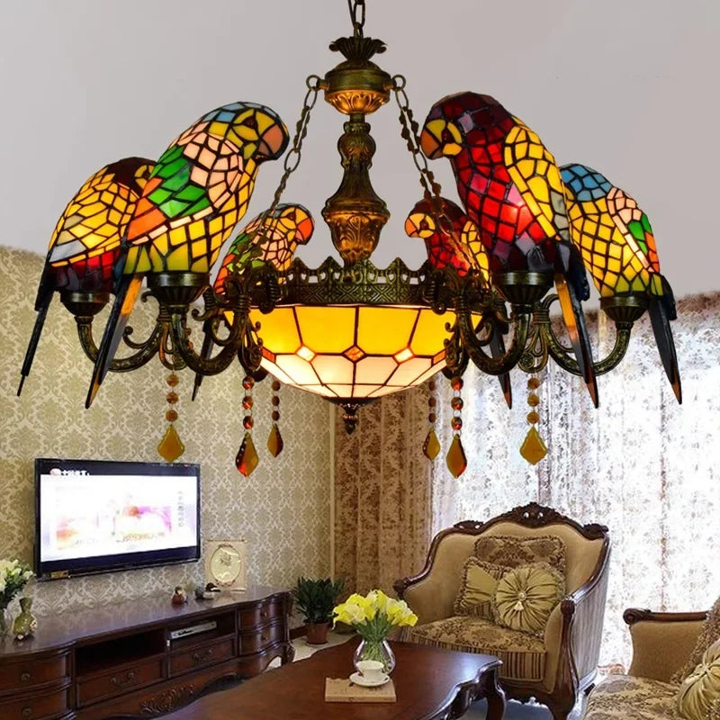 European Creative Chandelier Retro Art Stained Glass Parrot Bar Restaurant Living Room Bird Lamp Glass Tiffany Chandelier