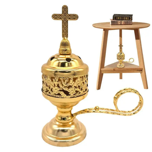 Vintage Catholic Incense Burner With Cross Small Brass Metal Crafts Aromatherapy Diffuser for Family Yoga Home Decoration