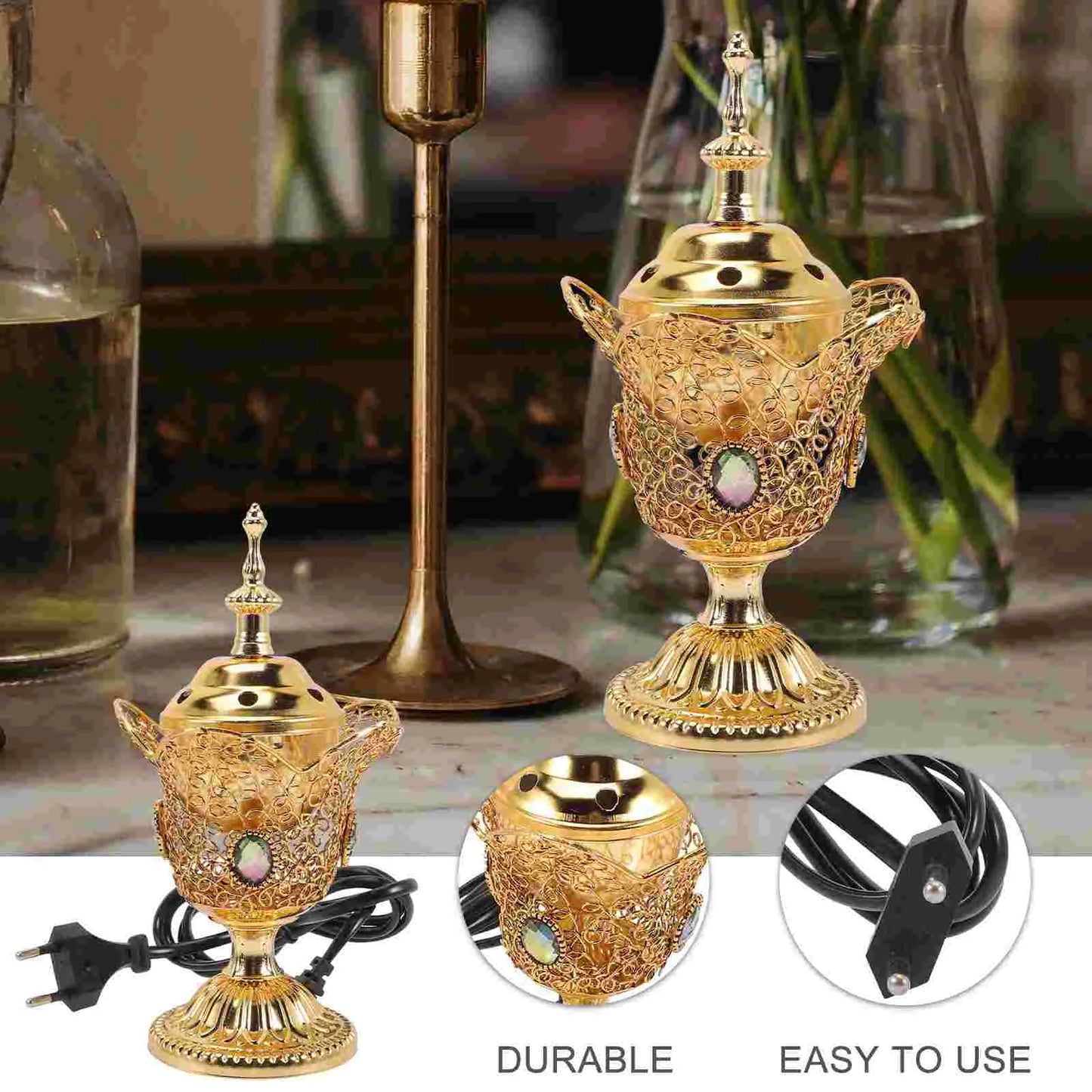 Electric Censer Burner Decorative Retro Censer Home Scented Aroma Incense Holder Church Censer Desktop Incense Burner EU Plug