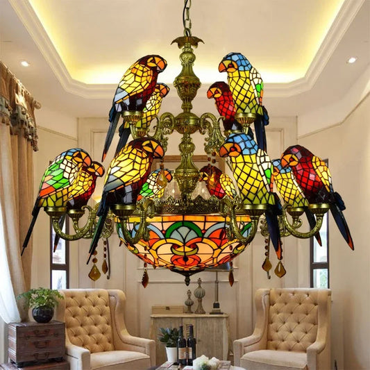 European Creative Chandelier Retro Art Stained Glass Parrot Bar Restaurant Living Room Bird Lamp Glass Tiffany Chandelier