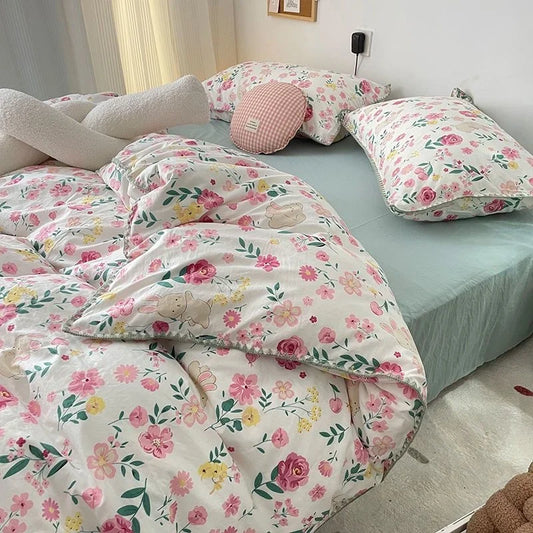 Bedding Set INS Girls Cherry  Soft Washed Cotton Bed Sheet Queen King Size Duvet Set  Comforter Set Pillowcase Bed Linens (Copy)