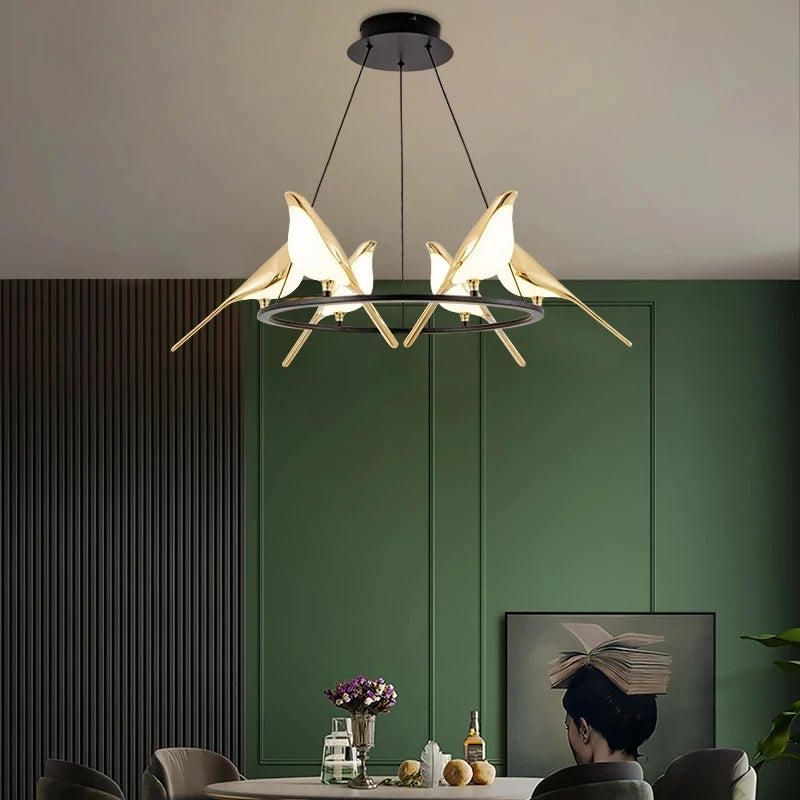 Modern LED Gold Magpie Bird Ceiling Chandelier for Dining Room Ring Light Pendant Lamp Decorative Lighting Lustre Drop Shipping