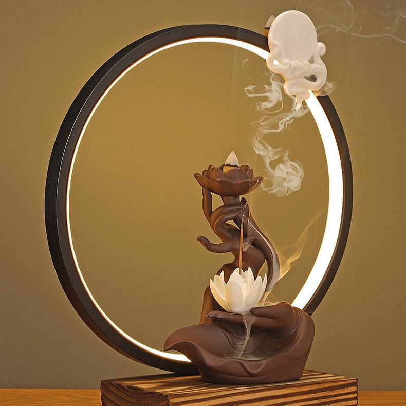 Buddha Hand Lotus Backflow Incense Burner Table Lamp