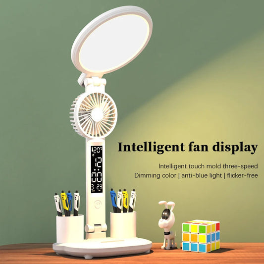 3-in-1 Dimmable Clock Lamp with USB Charging and Foldable Fan